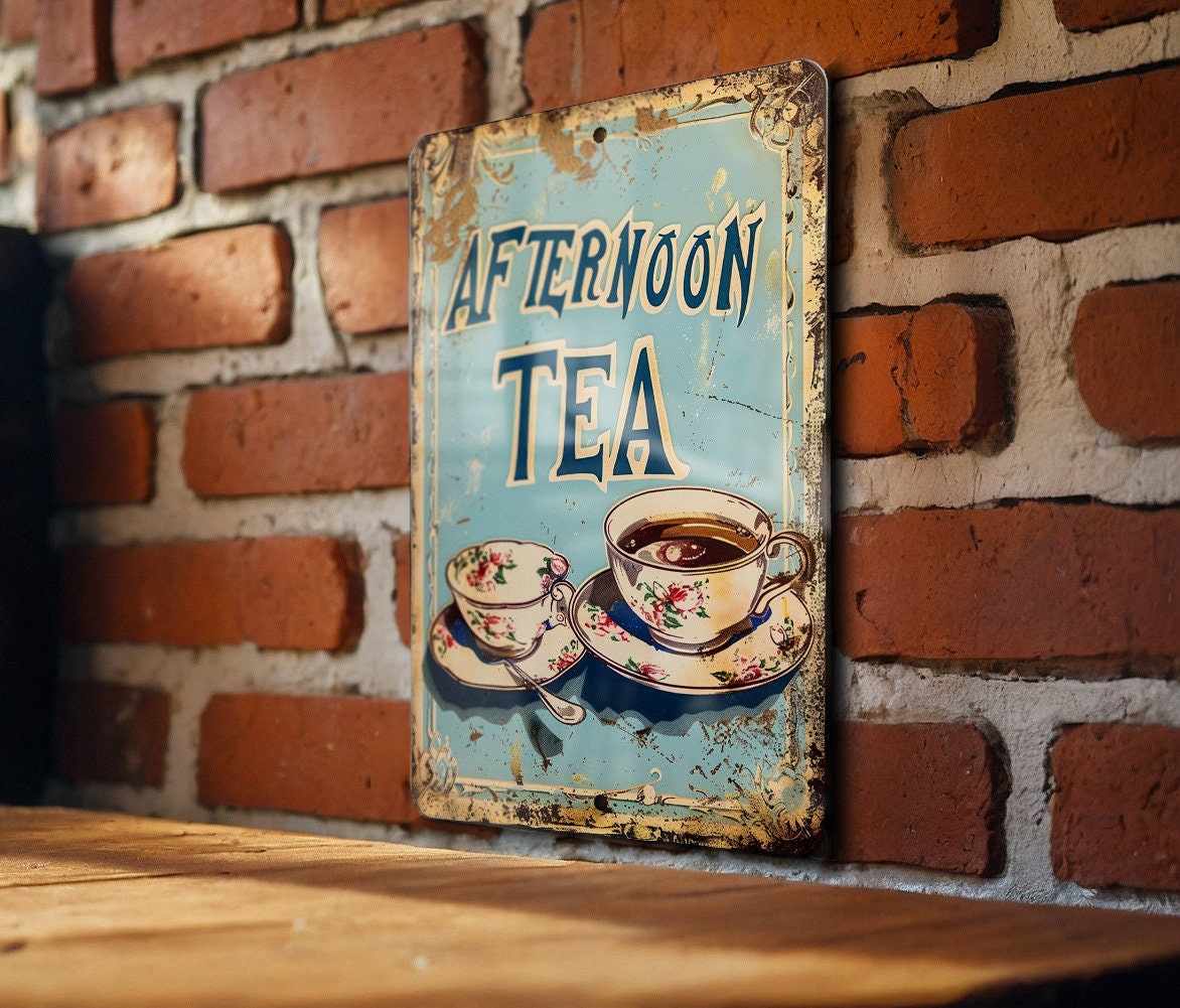 Afternoon Tea Vintage Style Metal Sign - Cafes, Teacup Illustration, Soft Pastels, Cafe Frame, Playful Font — photo 2