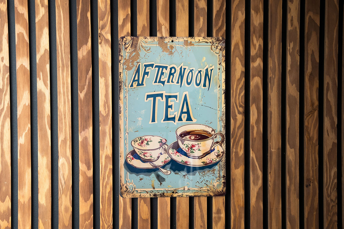 Afternoon Tea Vintage Style Metal Sign - Cafes, Teacup Illustration, Soft Pastels, Cafe Frame, Playful Font — photo 3
