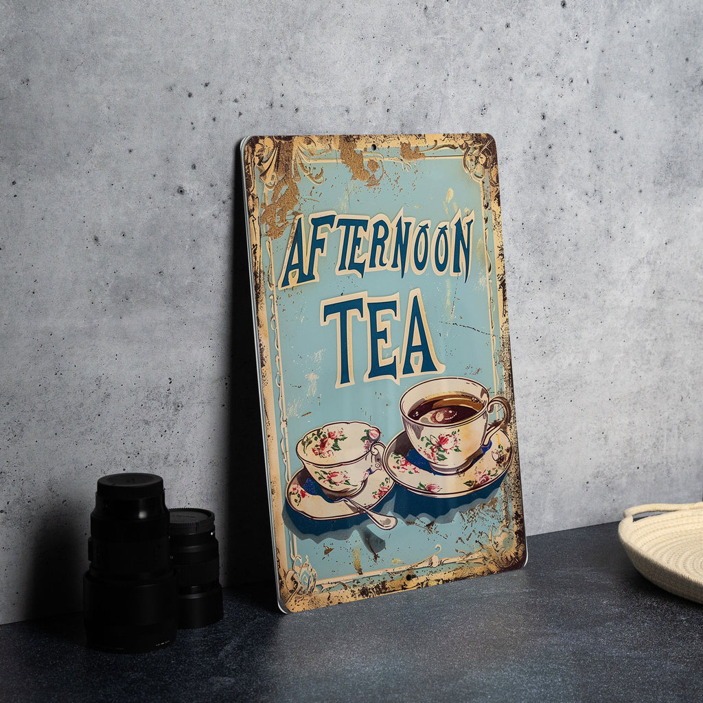 Afternoon Tea Vintage Style Metal Sign - Cafes, Teacup Illustration, Soft Pastels, Cafe Frame, Playful Font — photo 4