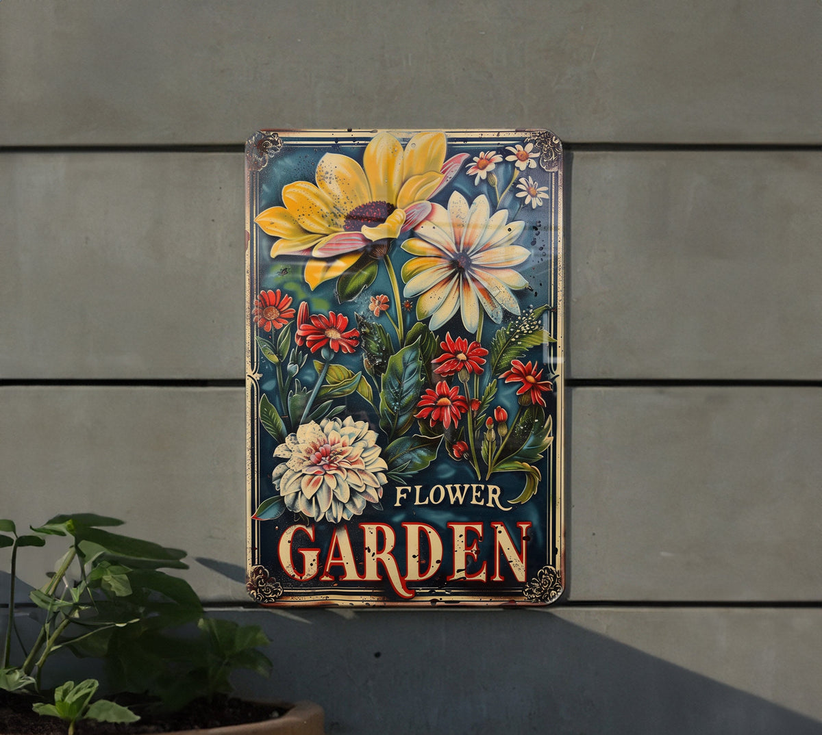 Rustic Flower Garden Metal Sign, Vintage Style, Elegant Font, Garden Frame, Flower Illustration — photo 1