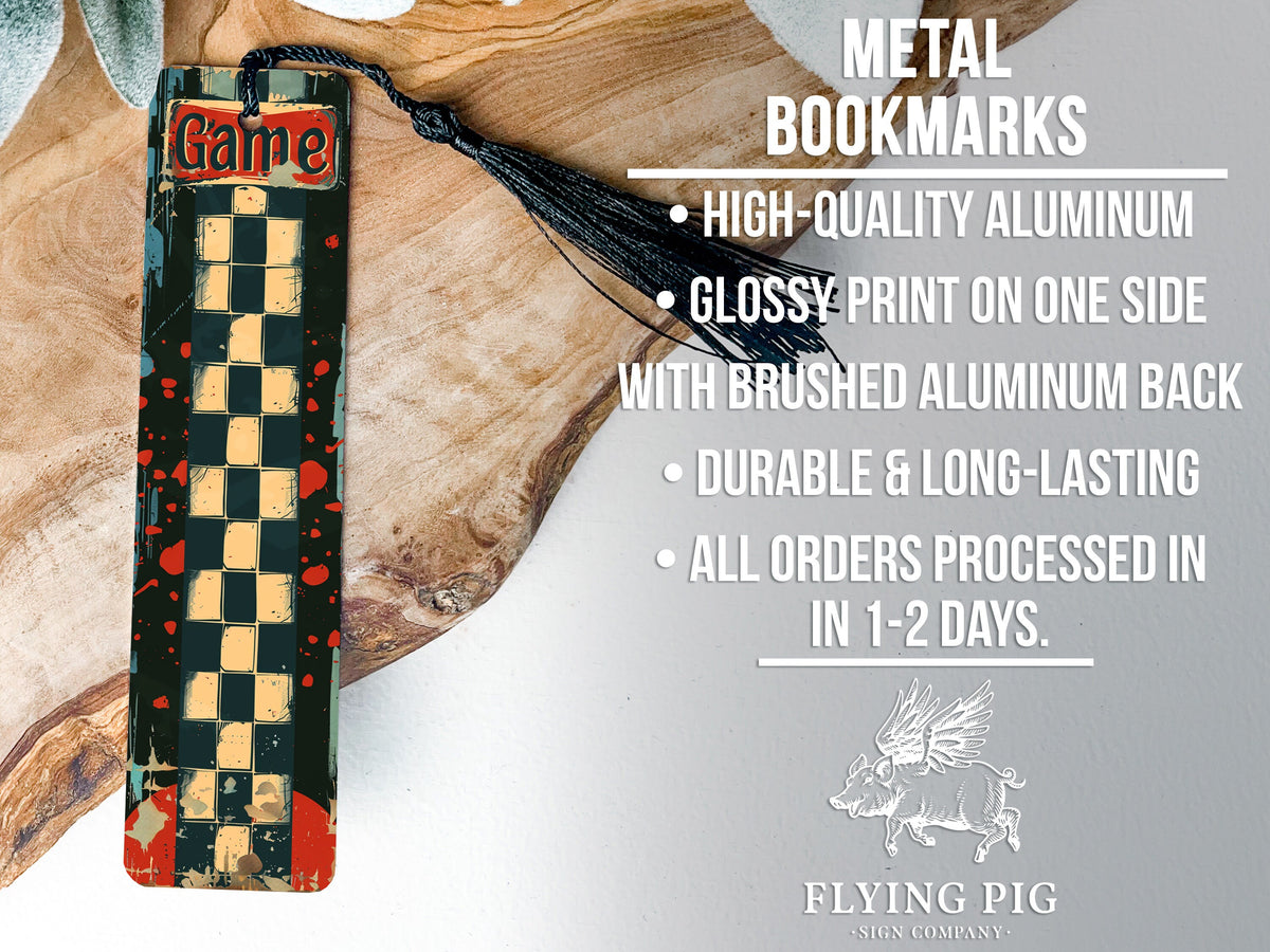 Retro Checkerboard Bookmark, Game On Metal Bookmark, Vintage Style, Unique Reading Accessory, Gift Idea — photo 4