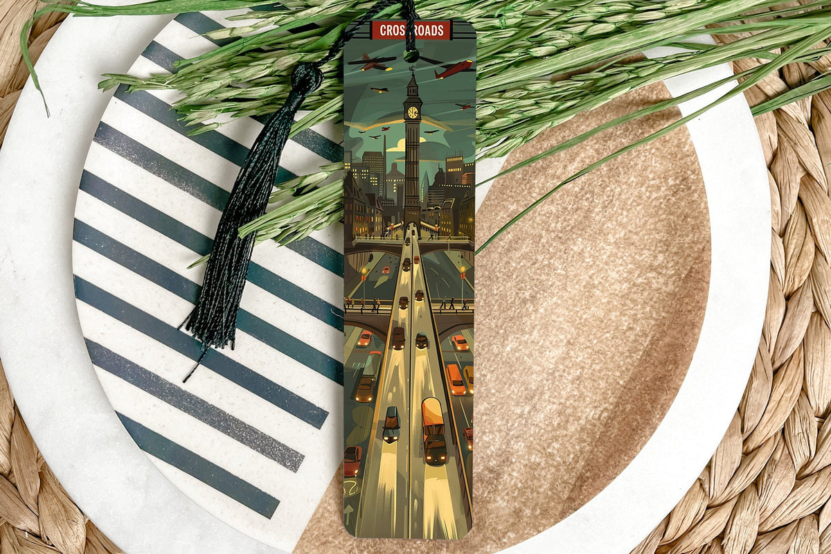 Traveling-Themed Metal Bookmark, CROSSROADS Design, Book Lover Gift, Unique Reading Accessory, Durable Page Marker — photo 1