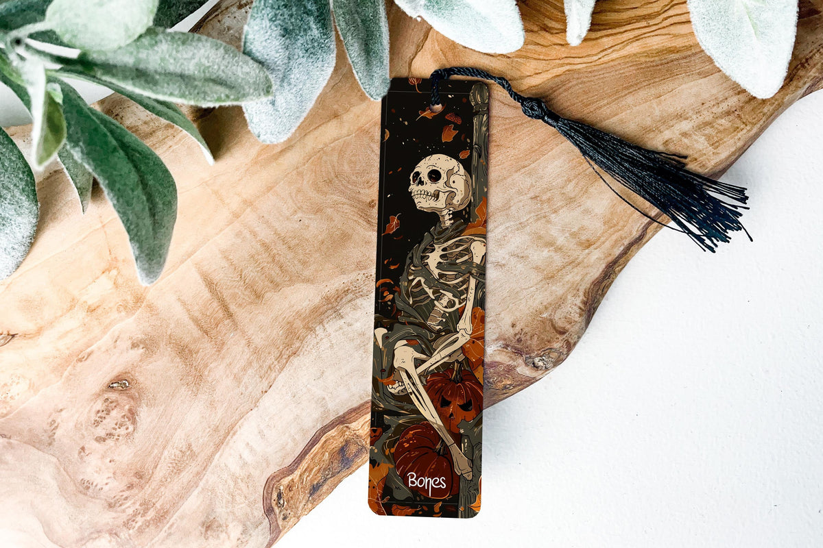 Metal Bookmark, Skeleton Design, Halloween Theme, Reading Accessory, Bones Text — photo 3