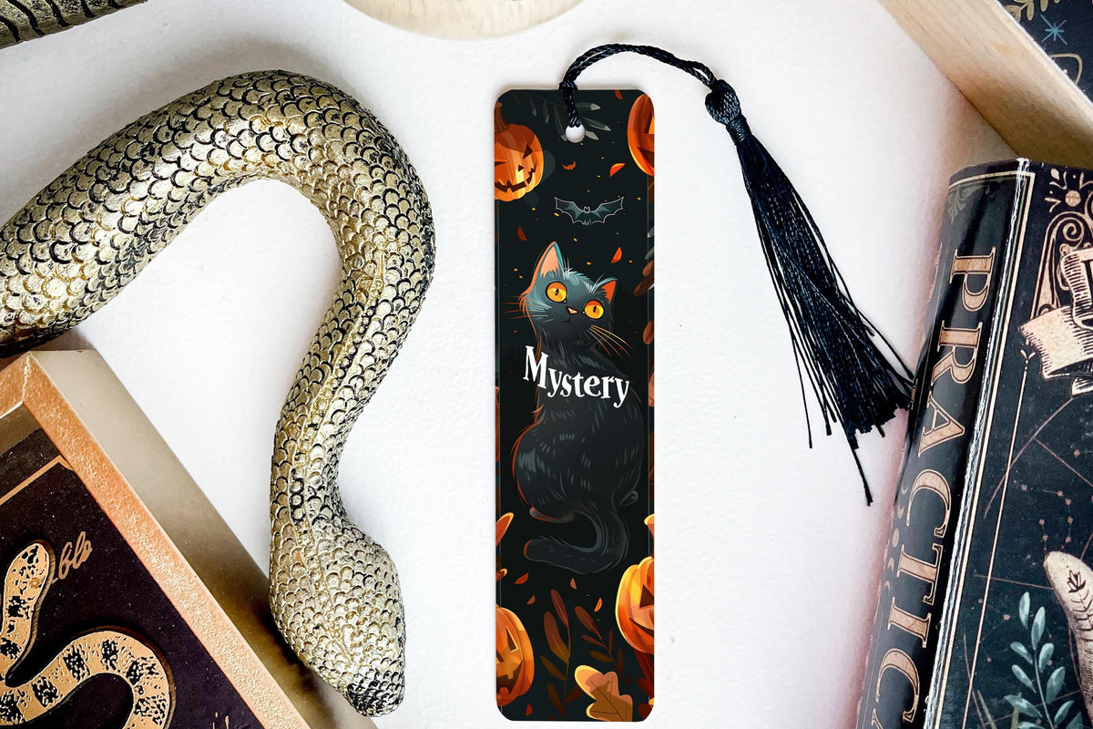 Black Cat Metal Bookmark, Halloween Theme, Mystery Text, Unique Bookmark, Book Lover Gift — photo 3