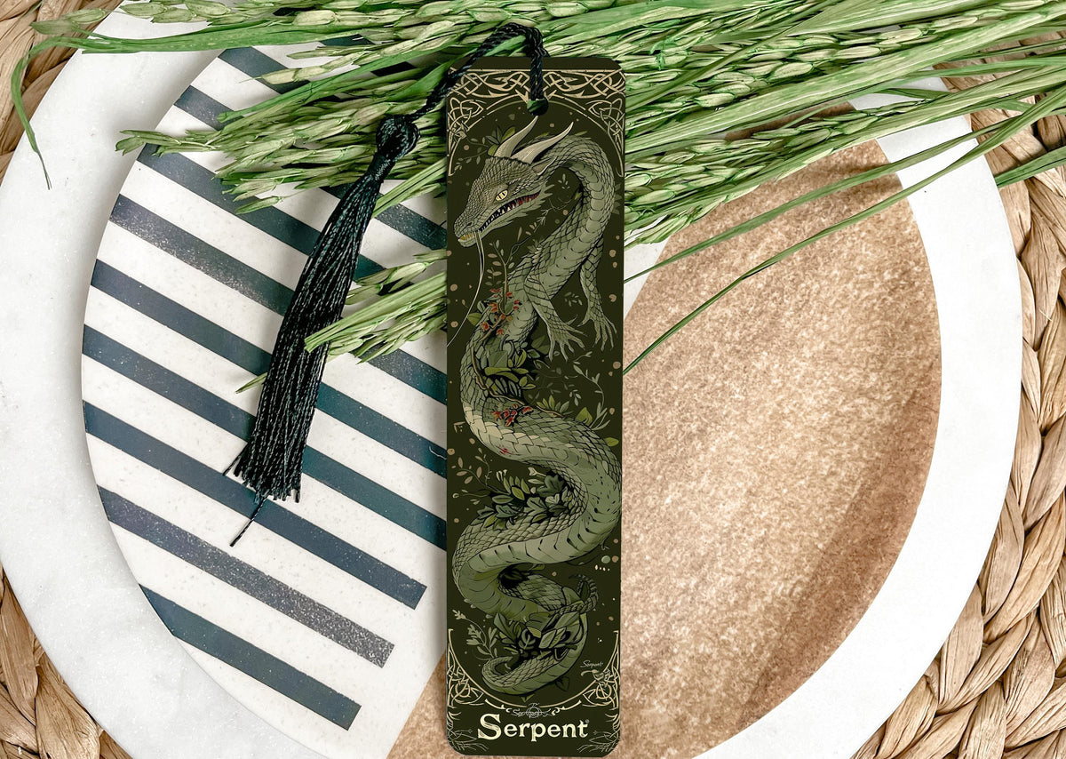 Norse Mythology Bookmark, Jormungandr Design, Metal Bookmark, Serpent Text, Unique Book Accessory — photo 1