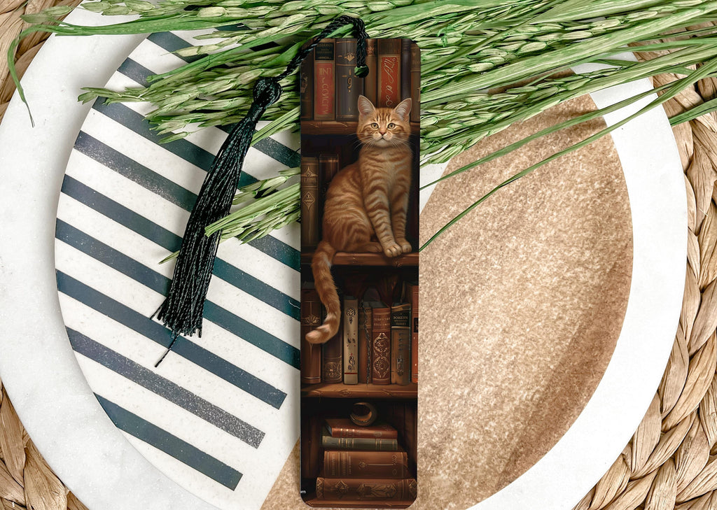 Metal Bookmark, Cat on Bookshelf, Bookworm Design, Unique Reading Accessory, Durable Page Marker — photo 1
