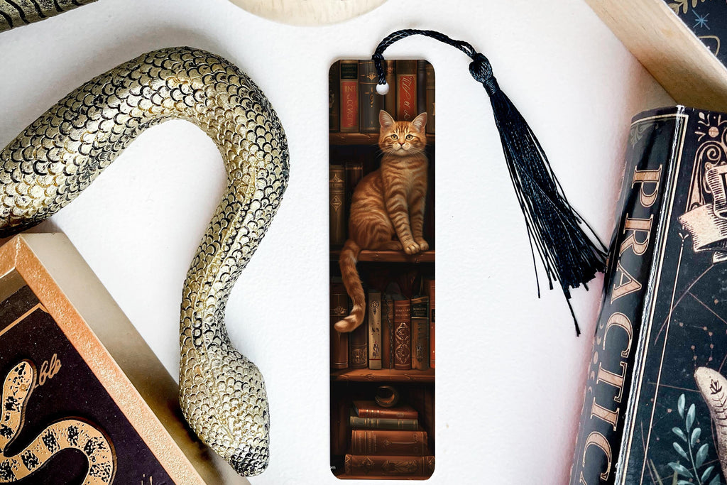 Metal Bookmark, Cat on Bookshelf, Bookworm Design, Unique Reading Accessory, Durable Page Marker — photo 3