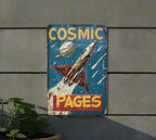 Cosmic Pages Metal Sign, Vintage Tin Sign, Retro Sci-Fi Bookstore, 1950s Futuristic Font, Scratched Steel — photo 1