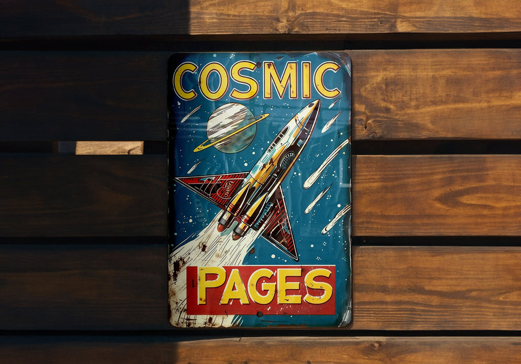 Cosmic Pages Metal Sign, Vintage Tin Sign, Retro Sci-Fi Bookstore, 1950s Futuristic Font, Scratched Steel — photo 2