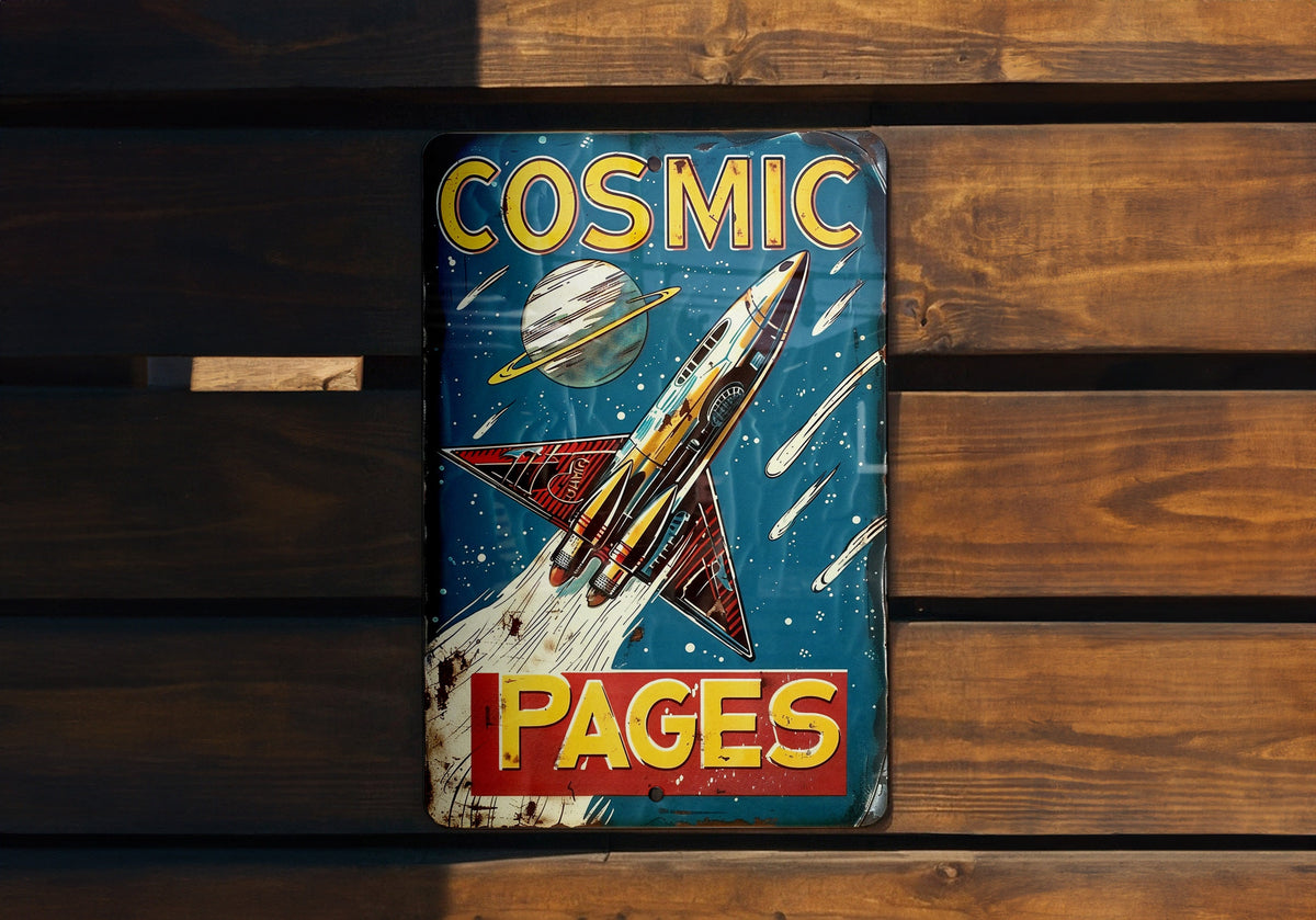 Cosmic Pages Metal Sign, Vintage Tin Sign, Retro Sci-Fi Bookstore, 1950s Futuristic Font, Scratched Steel — photo 2