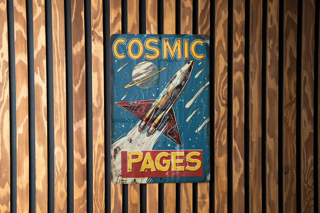 Cosmic Pages Metal Sign, Vintage Tin Sign, Retro Sci-Fi Bookstore, 1950s Futuristic Font, Scratched Steel — photo 3