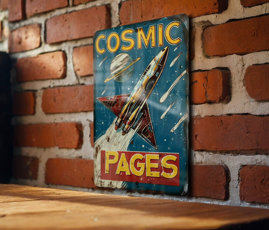Cosmic Pages Metal Sign, Vintage Tin Sign, Retro Sci-Fi Bookstore, 1950s Futuristic Font, Scratched Steel — photo 4