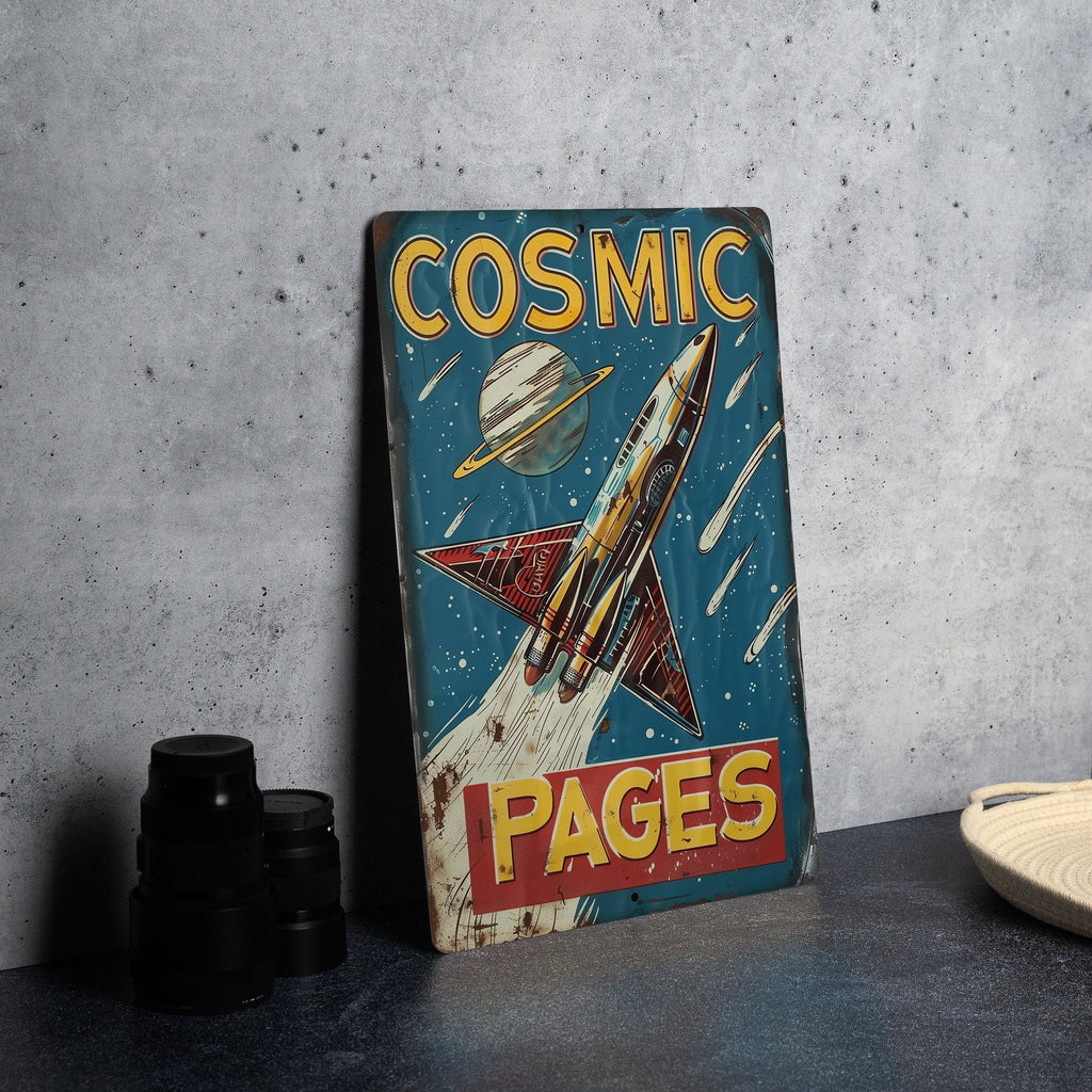 Cosmic Pages Metal Sign, Vintage Tin Sign, Retro Sci-Fi Bookstore, 1950s Futuristic Font, Scratched Steel — photo 5