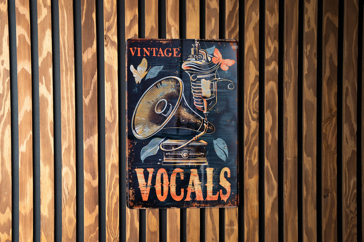 Vintage Vocals Tin Sign, Classic Wax Cylinder, Phonograph Horn Icon, Aged Copper Metal, Karaoke Bar Decor — photo 1