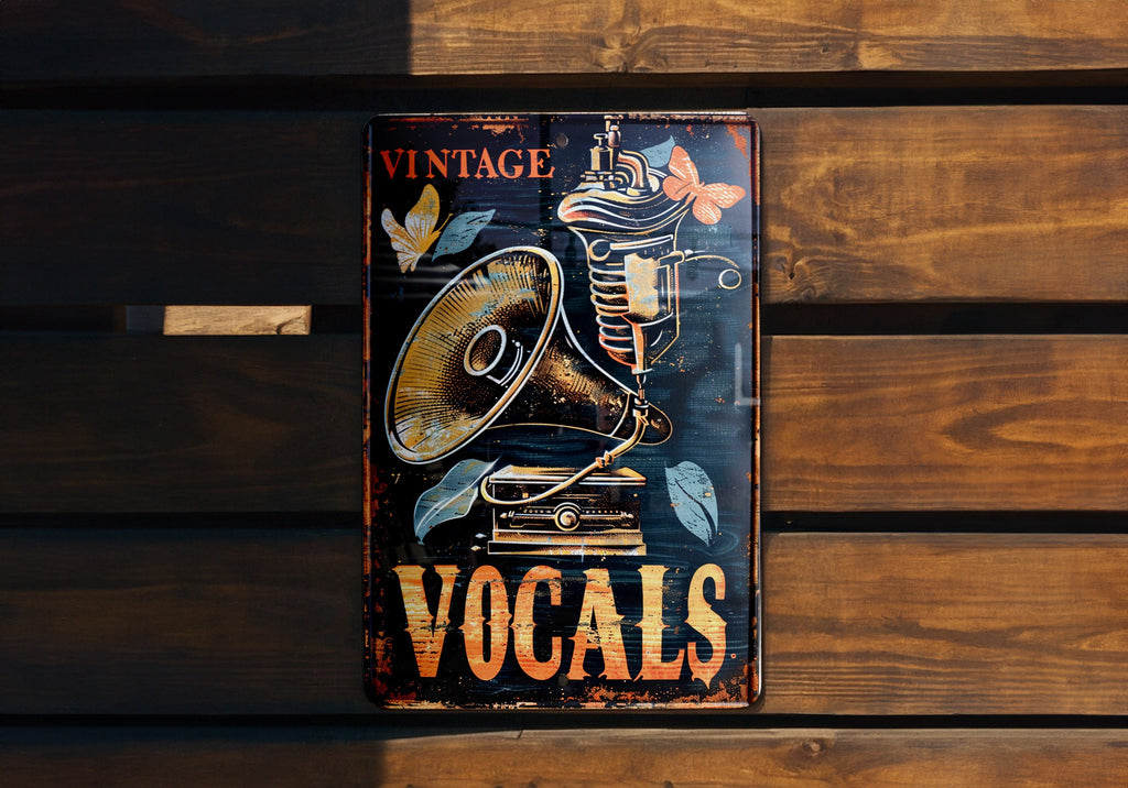 Vintage Vocals Tin Sign, Classic Wax Cylinder, Phonograph Horn Icon, Aged Copper Metal, Karaoke Bar Decor — photo 2