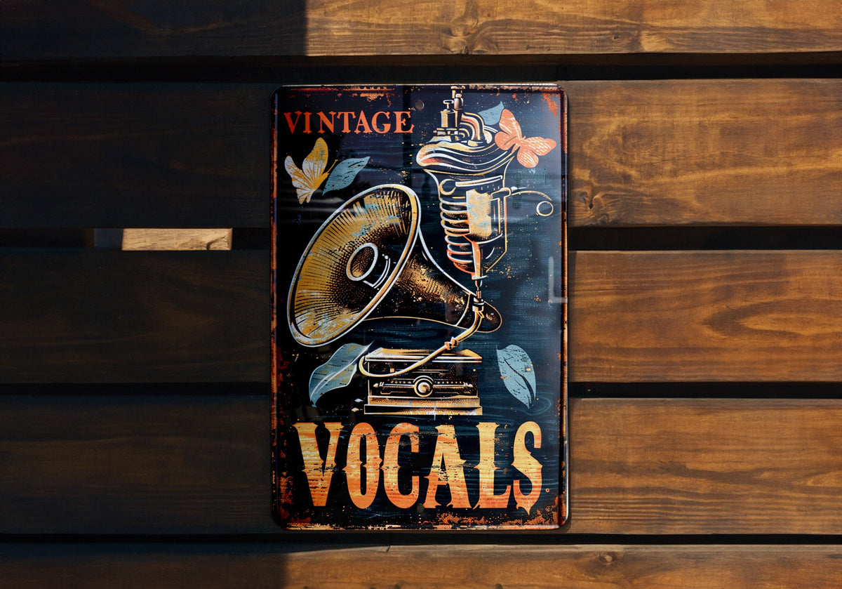 Vintage Vocals Tin Sign, Classic Wax Cylinder, Phonograph Horn Icon, Aged Copper Metal, Karaoke Bar Decor — photo 2