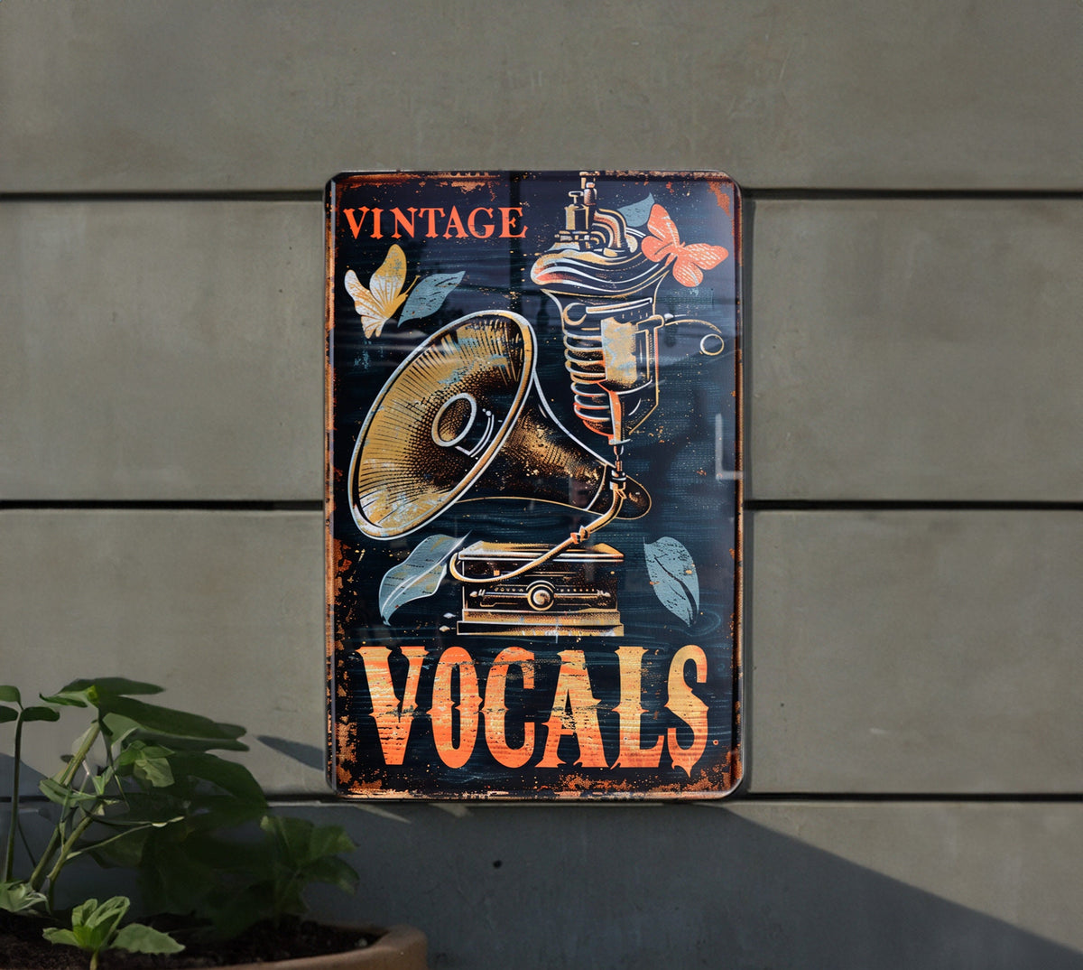 Vintage Vocals Tin Sign, Classic Wax Cylinder, Phonograph Horn Icon, Aged Copper Metal, Karaoke Bar Decor — photo 3