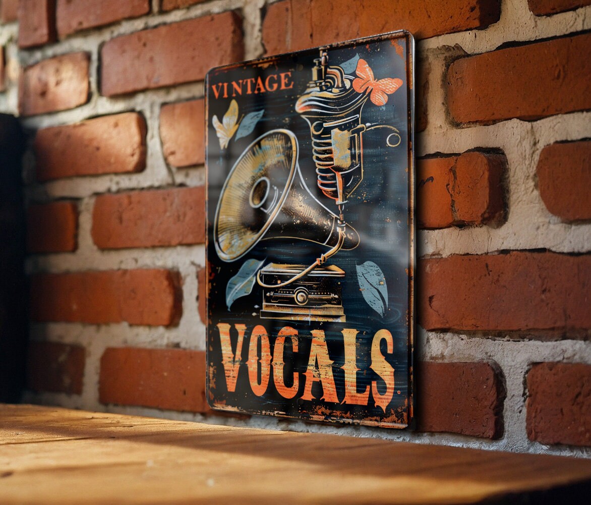 Vintage Vocals Tin Sign, Classic Wax Cylinder, Phonograph Horn Icon, Aged Copper Metal, Karaoke Bar Decor — photo 4