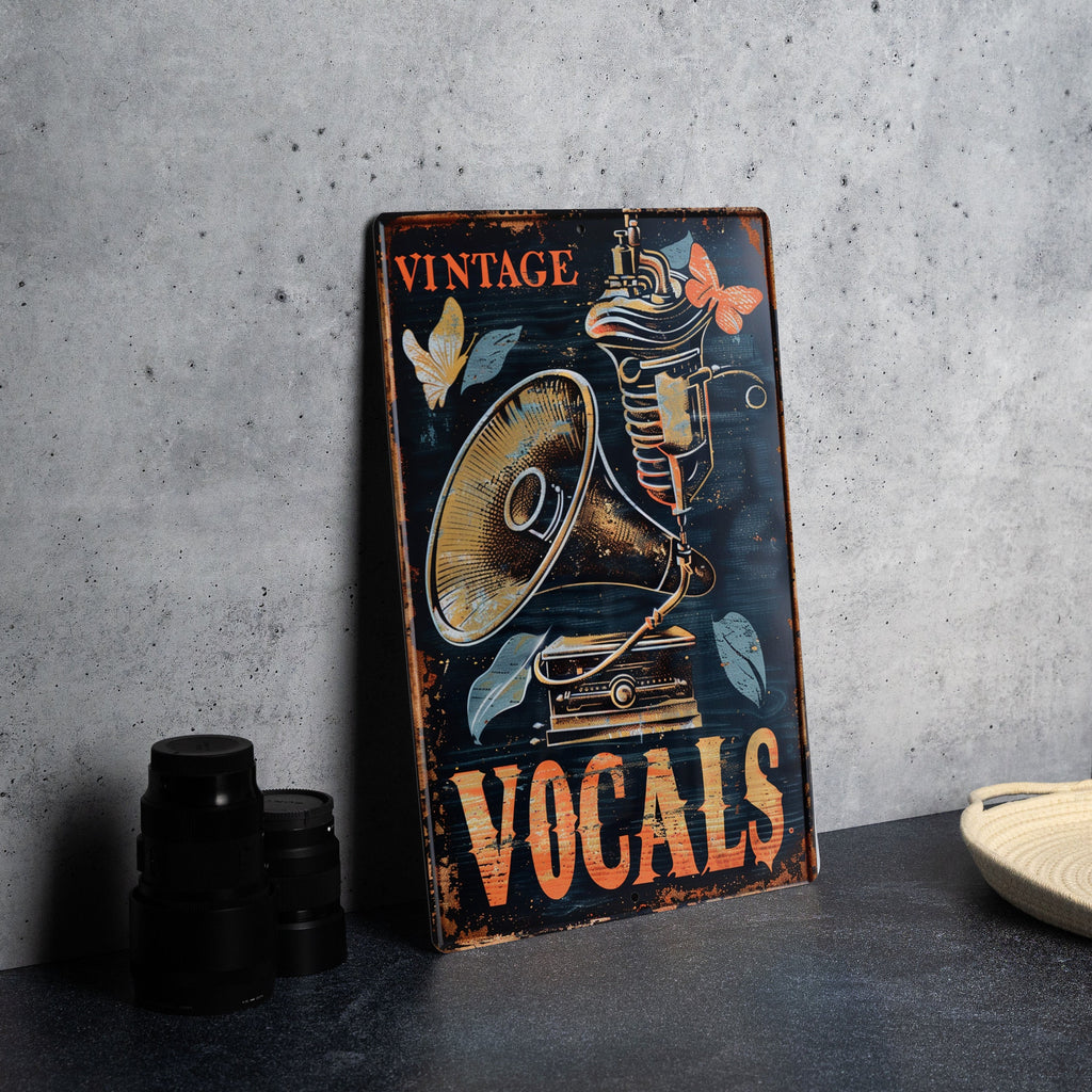 Vintage Vocals Tin Sign, Classic Wax Cylinder, Phonograph Horn Icon, Aged Copper Metal, Karaoke Bar Decor — photo 5