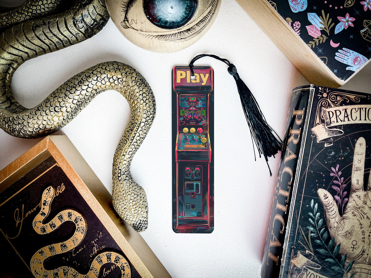 1980s Arcade Game Metal Bookmark, Retro-Themed Bookmark, Vintage Gaming Gift, Play Text Bookmark, Collectible Bookmark — photo 2
