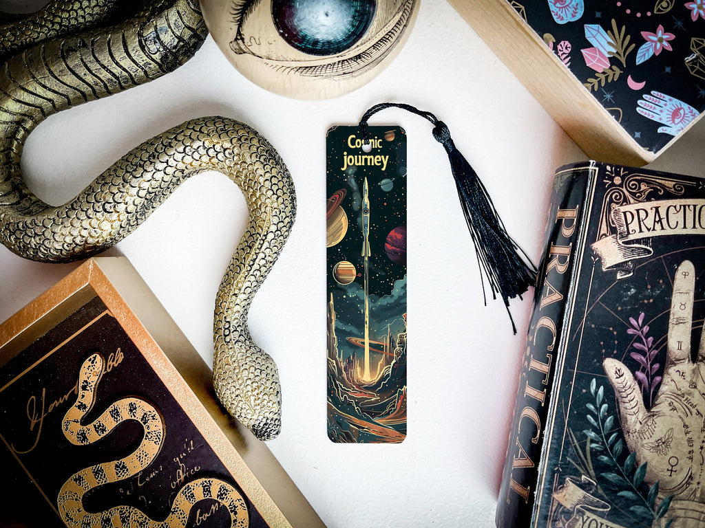 Cosmic Journey Sci-Fi Bookmark, Metal Bookmark, Space Themed, Book Lover Gift, Reading Accessory — photo 1