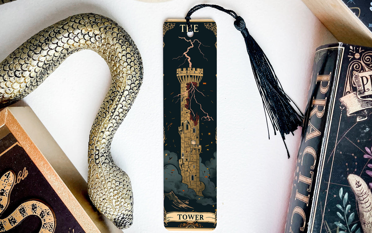 The Tower Tarot Card Metal Bookmark, Crumbling Tower Design, Lightning Illustration, Tarot Lover Gift, Unique Book Accessory — photo 2