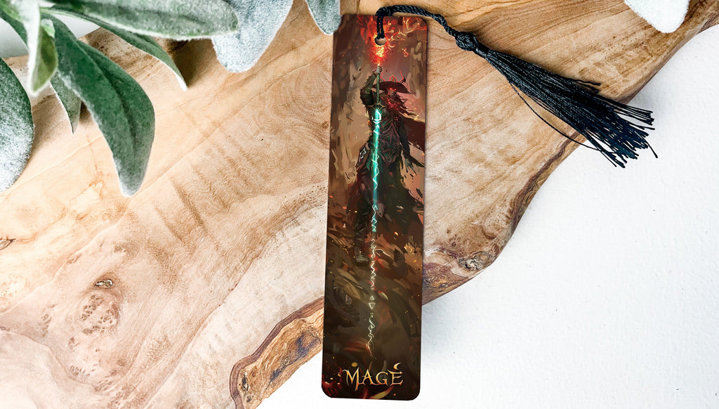 Powerful Mage Bookmark, Glowing Staff, Runes Design, Metal Bookmark, Mage Decor — photo 1