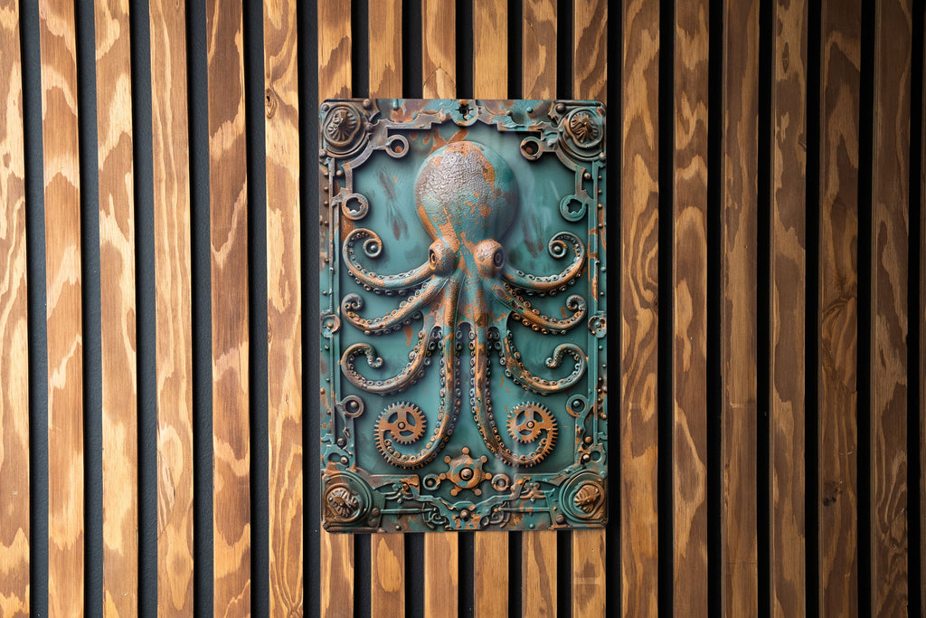 Vintage Style Tin Sign, Antique Squid Automaton, Pool Gear Decor, Tentacle Motif, Verdigris Copper — photo 1