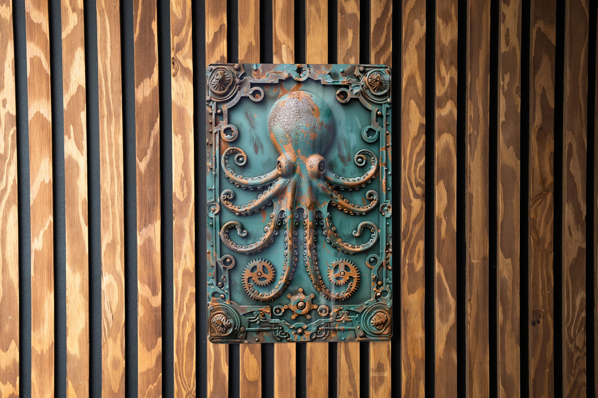 Vintage Style Tin Sign, Antique Squid Automaton, Pool Gear Decor, Tentacle Motif, Verdigris Copper — photo 1