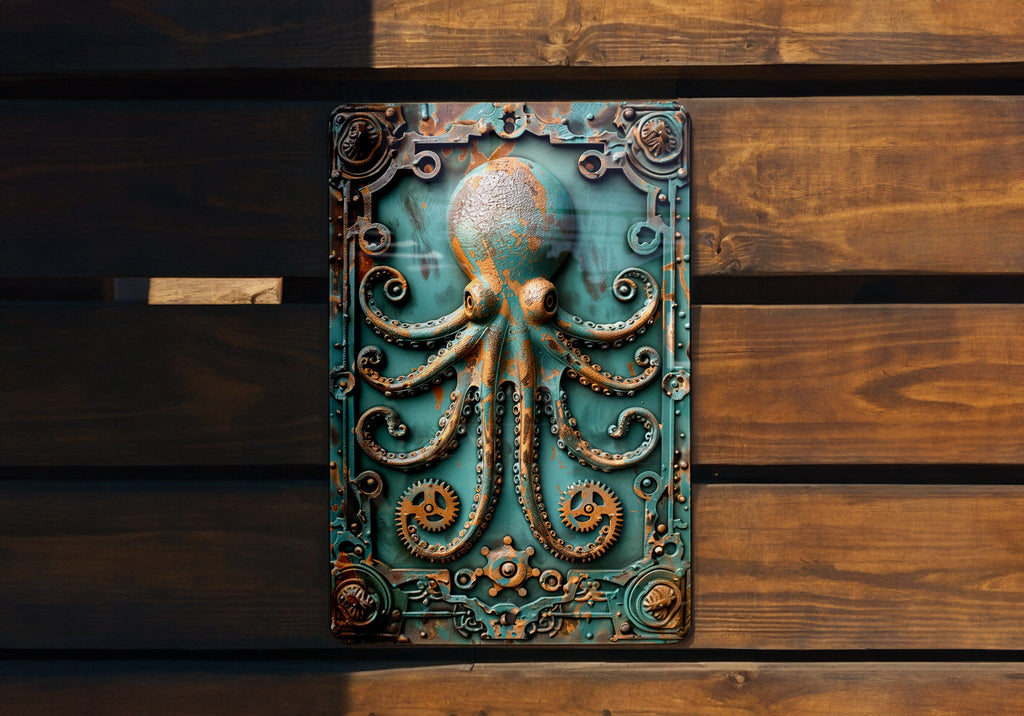 Vintage Style Tin Sign, Antique Squid Automaton, Pool Gear Decor, Tentacle Motif, Verdigris Copper — photo 2