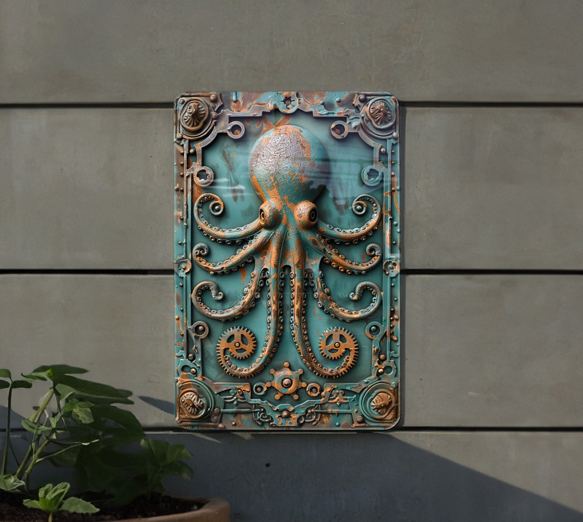 Vintage Style Tin Sign, Antique Squid Automaton, Pool Gear Decor, Tentacle Motif, Verdigris Copper — photo 3