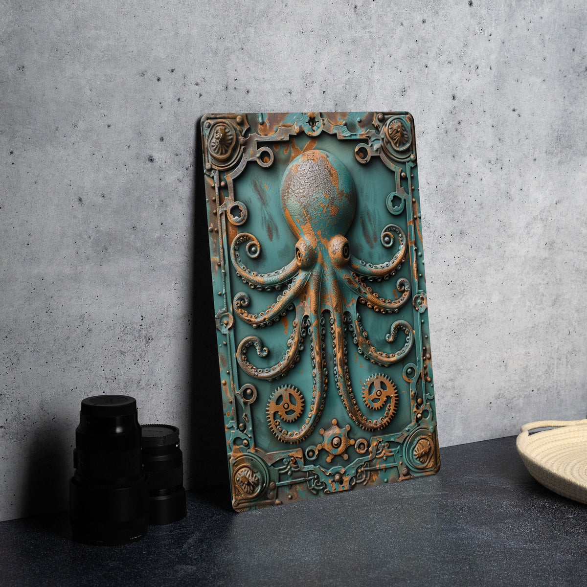 Vintage Style Tin Sign, Antique Squid Automaton, Pool Gear Decor, Tentacle Motif, Verdigris Copper — photo 5