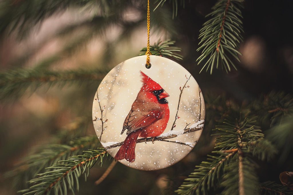 Red Cardinal Ceramic Ornament, Watercolor Bird, Snowy Branch Design, Circular Home Decor, Winter Scene Decoration — photo 1