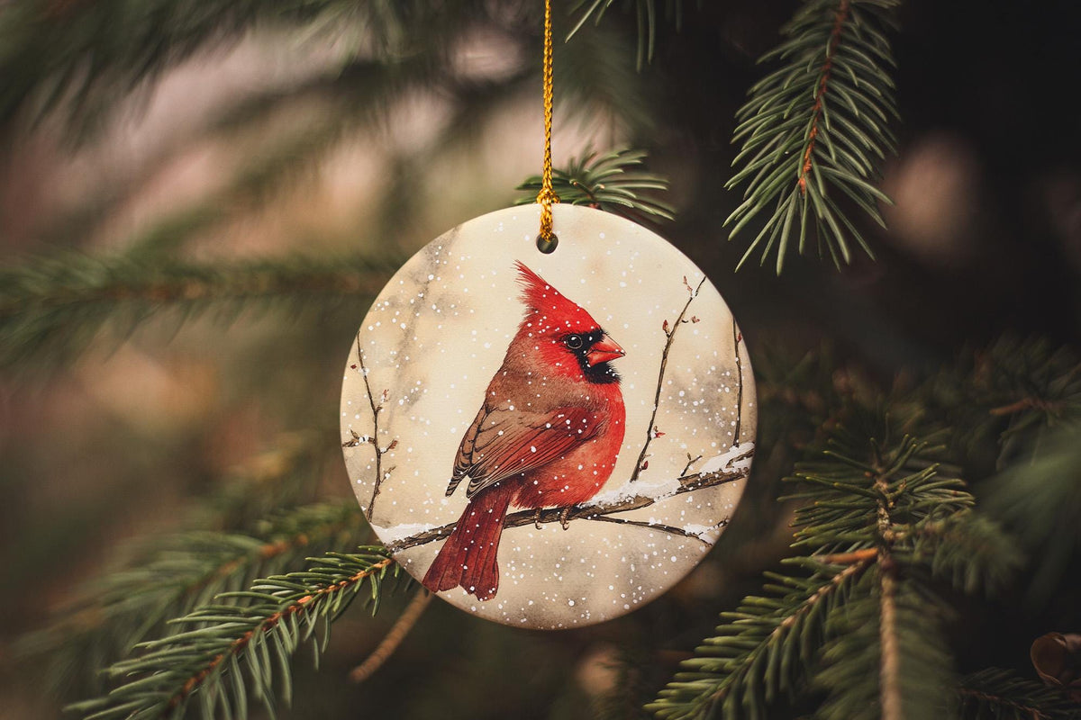 Red Cardinal Ceramic Ornament, Watercolor Bird, Snowy Branch Design, Circular Home Decor, Winter Scene Decoration — photo 1