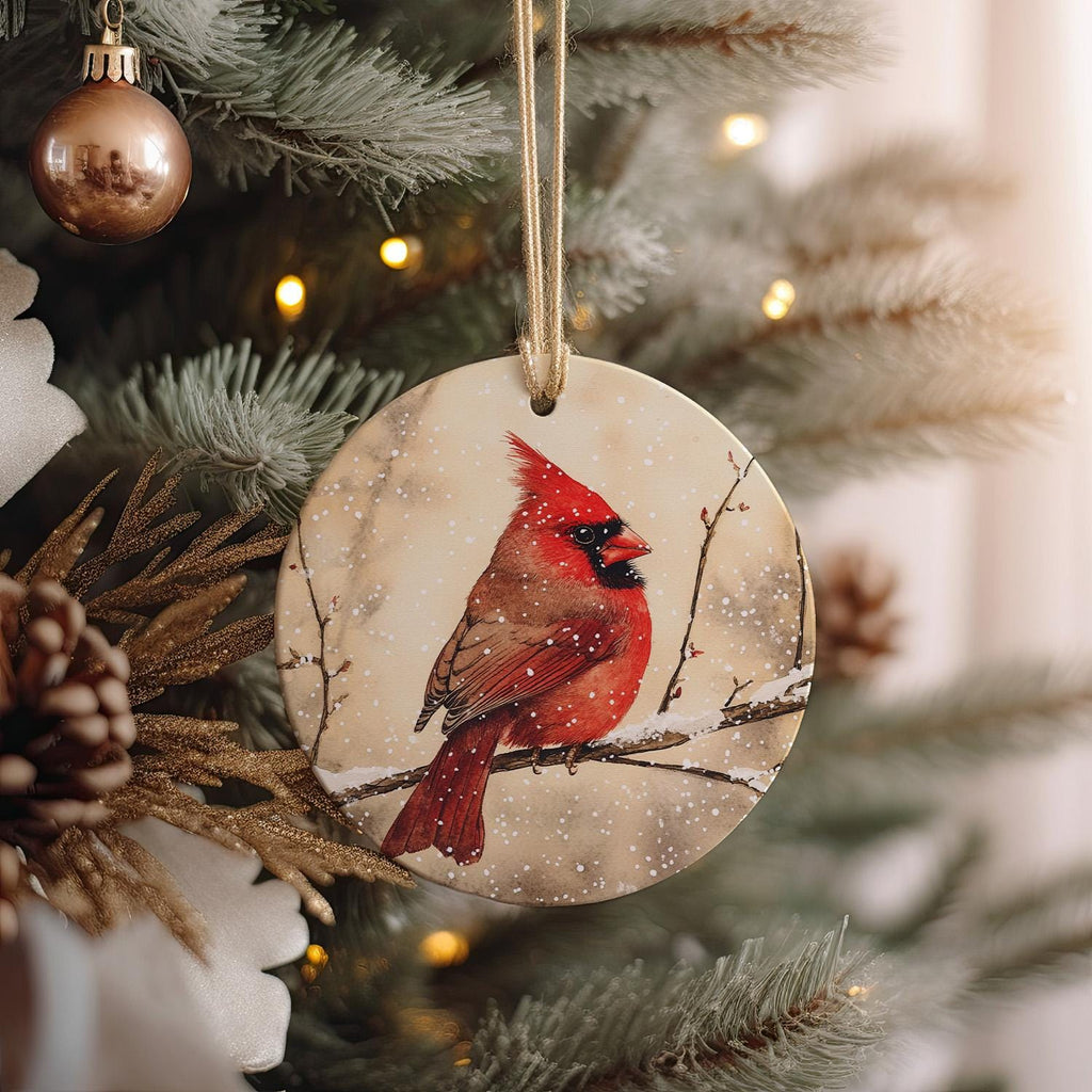Red Cardinal Ceramic Ornament, Watercolor Bird, Snowy Branch Design, Circular Home Decor, Winter Scene Decoration — photo 2