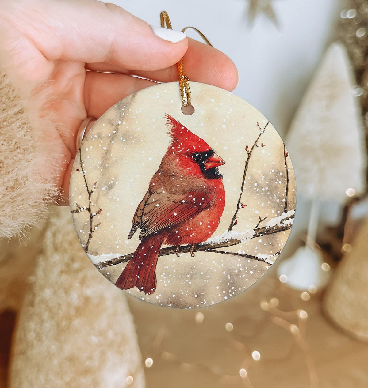 Red Cardinal Ceramic Ornament, Watercolor Bird, Snowy Branch Design, Circular Home Decor, Winter Scene Decoration — photo 3