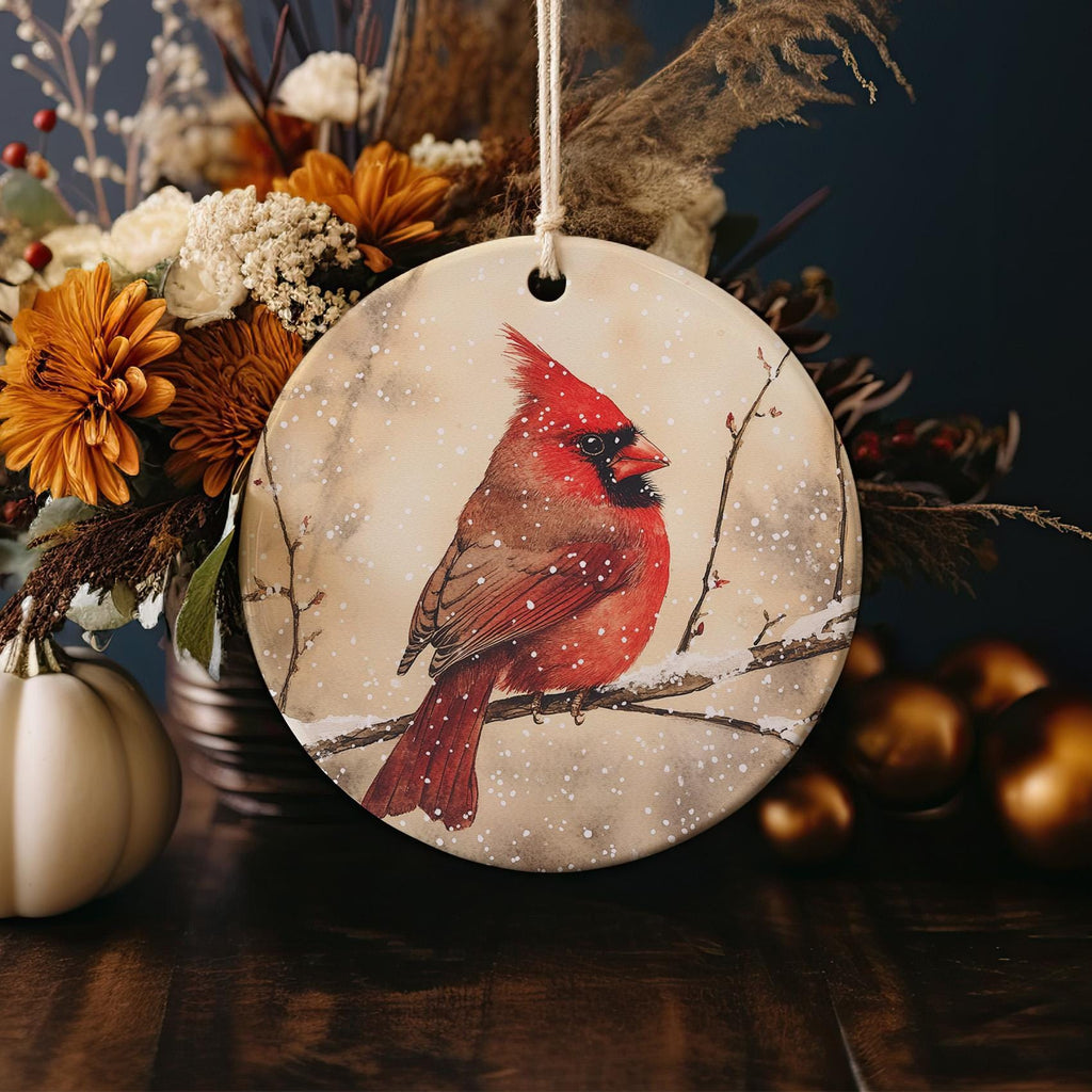 Red Cardinal Ceramic Ornament, Watercolor Bird, Snowy Branch Design, Circular Home Decor, Winter Scene Decoration — photo 4