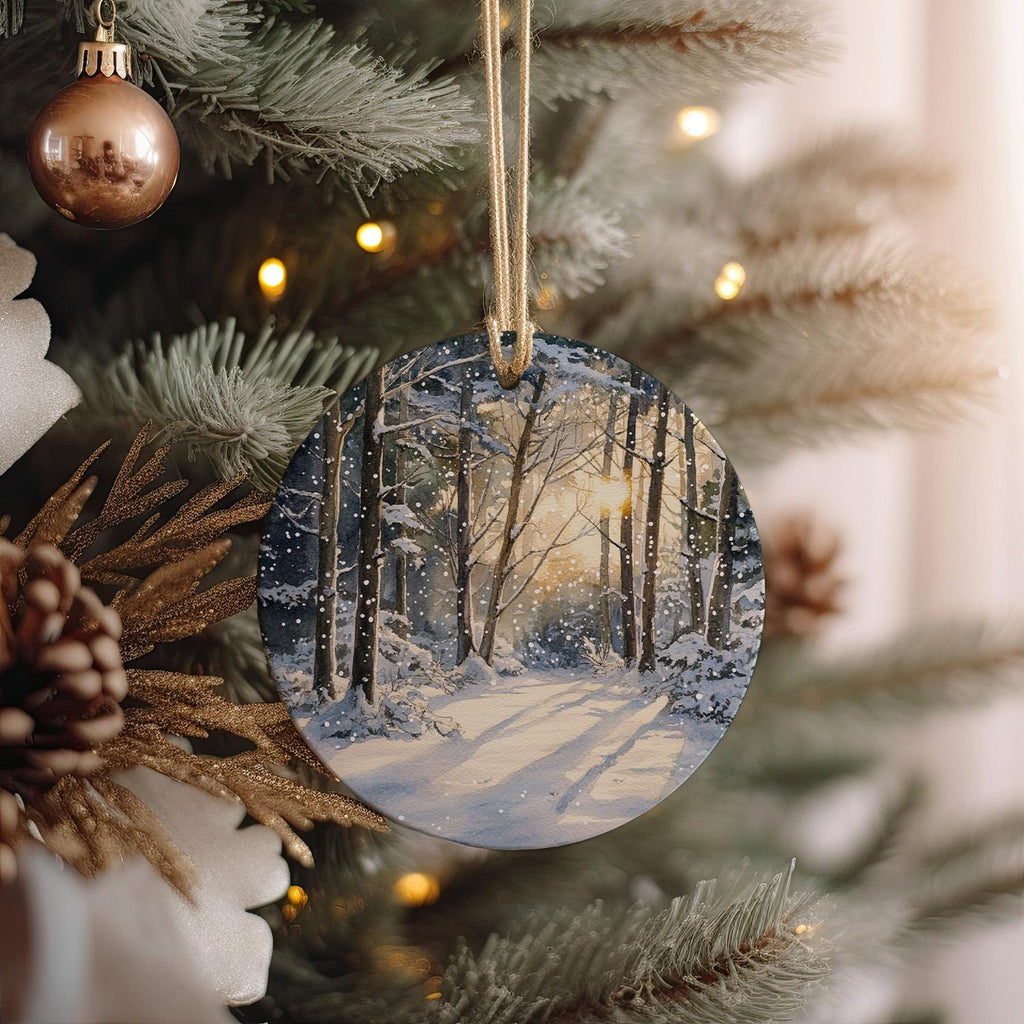 Snowladen Trees Watercolor Ornament, Ceramic Decoration, Sunlit Forest Art, Winter Scene Decor, Circular Tree Painting — photo 1