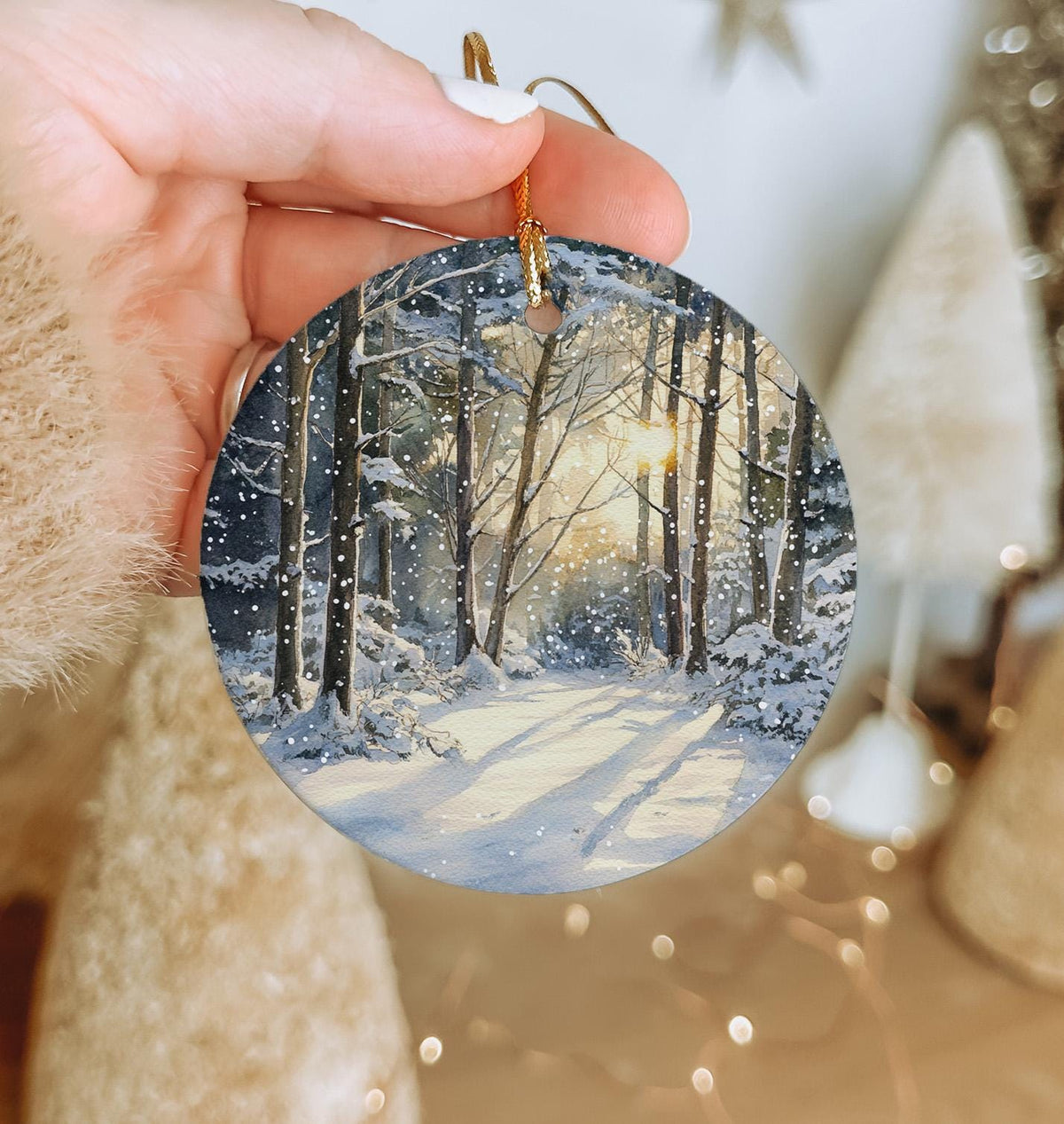 Snowladen Trees Watercolor Ornament, Ceramic Decoration, Sunlit Forest Art, Winter Scene Decor, Circular Tree Painting — photo 2