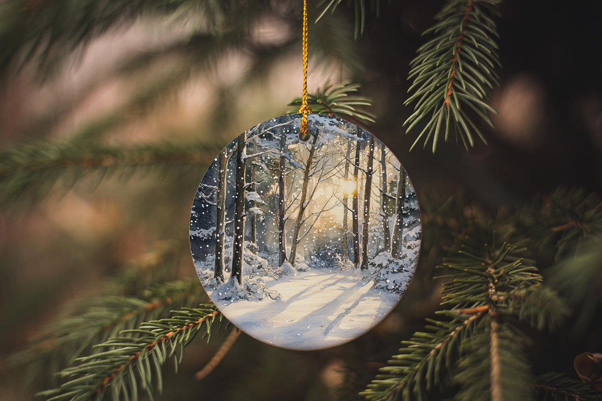 Snowladen Trees Watercolor Ornament, Ceramic Decoration, Sunlit Forest Art, Winter Scene Decor, Circular Tree Painting — photo 3