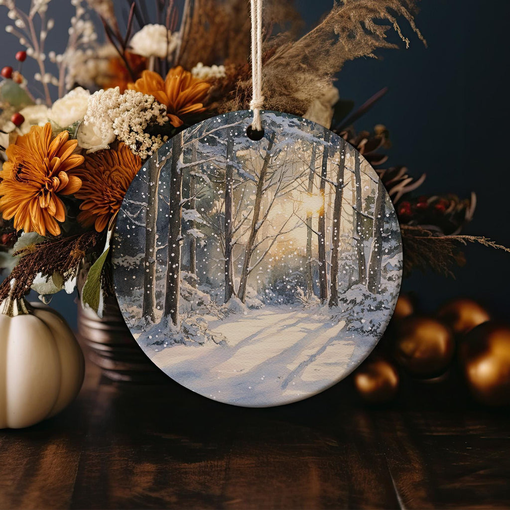 Snowladen Trees Watercolor Ornament, Ceramic Decoration, Sunlit Forest Art, Winter Scene Decor, Circular Tree Painting — photo 4