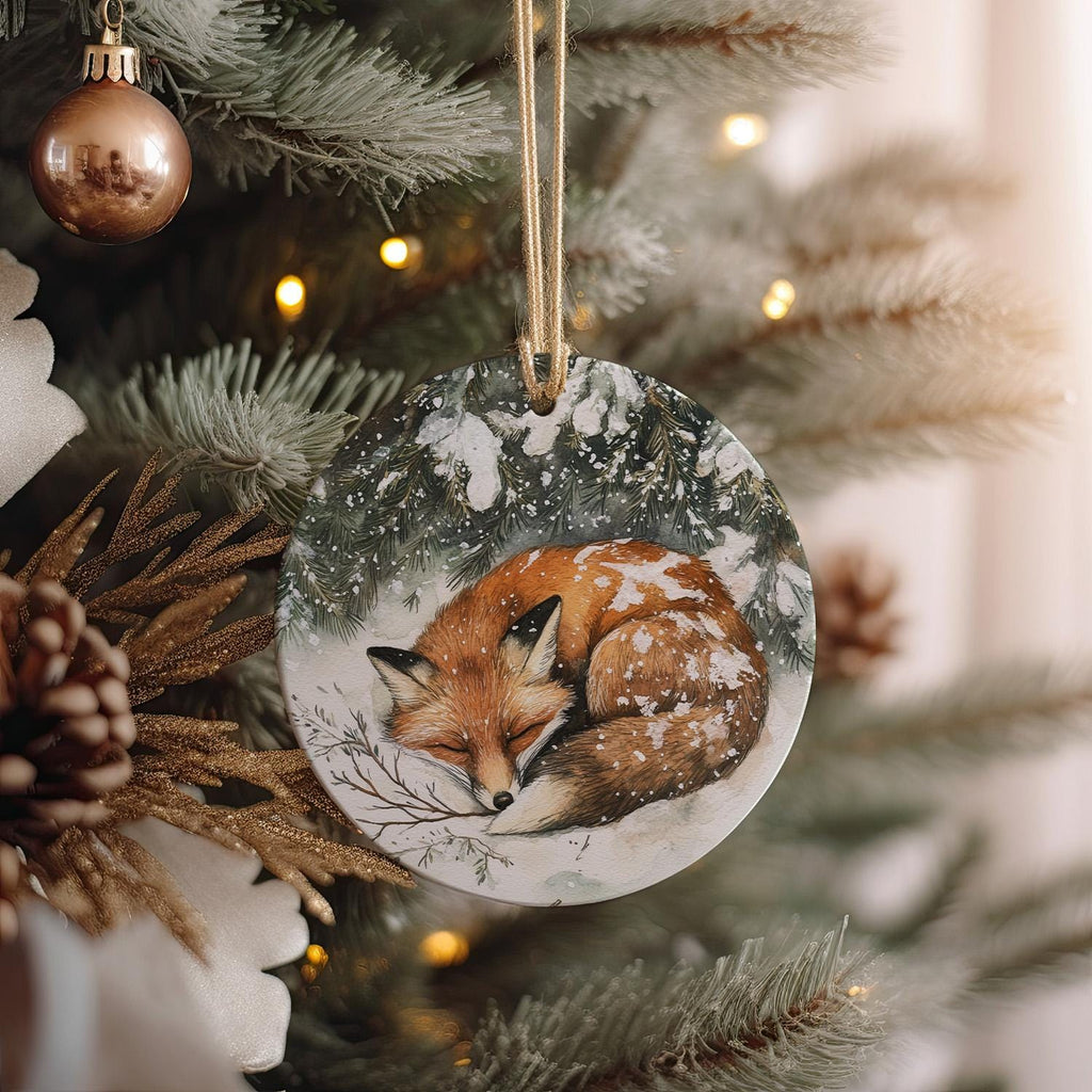Fox in Snow Watercolor Ornament, Circular Ceramic Decor, Evergreen Branch Design, Painted Fox Keepsake, Winter Scene Decoration — photo 1
