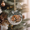 Fox in Snow Watercolor Ornament, Circular Ceramic Decor, Evergreen Branch Design, Painted Fox Keepsake, Winter Scene Decoration — photo 1