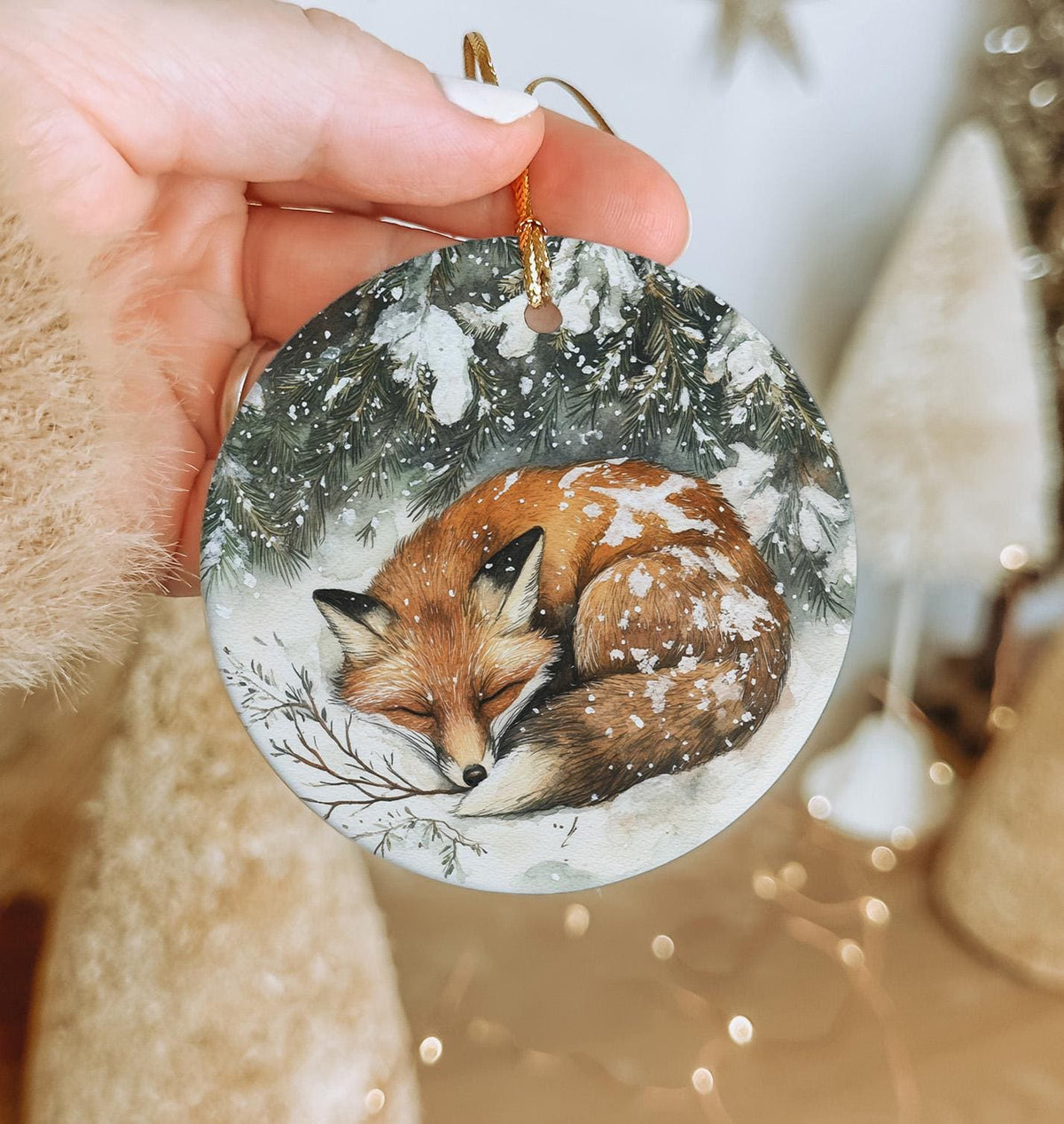 Fox in Snow Watercolor Ornament, Circular Ceramic Decor, Evergreen Branch Design, Painted Fox Keepsake, Winter Scene Decoration — photo 2