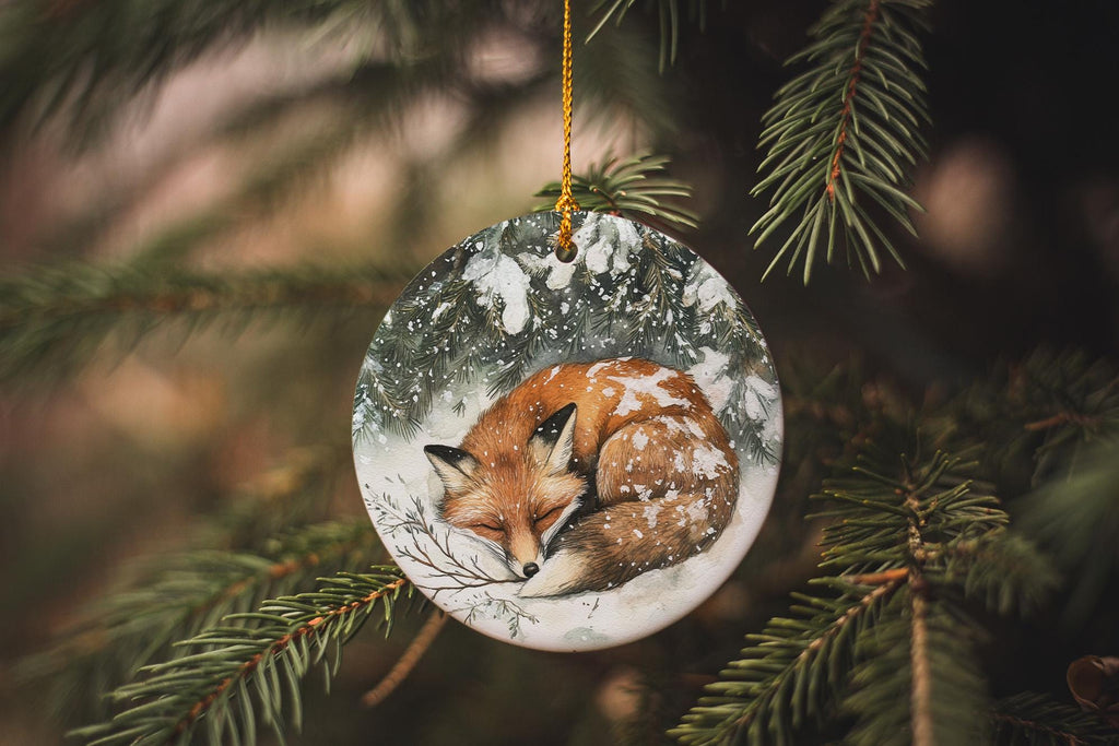 Fox in Snow Watercolor Ornament, Circular Ceramic Decor, Evergreen Branch Design, Painted Fox Keepsake, Winter Scene Decoration — photo 3