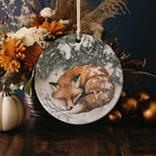 Fox in Snow Watercolor Ornament, Circular Ceramic Decor, Evergreen Branch Design, Painted Fox Keepsake, Winter Scene Decoration — photo 4