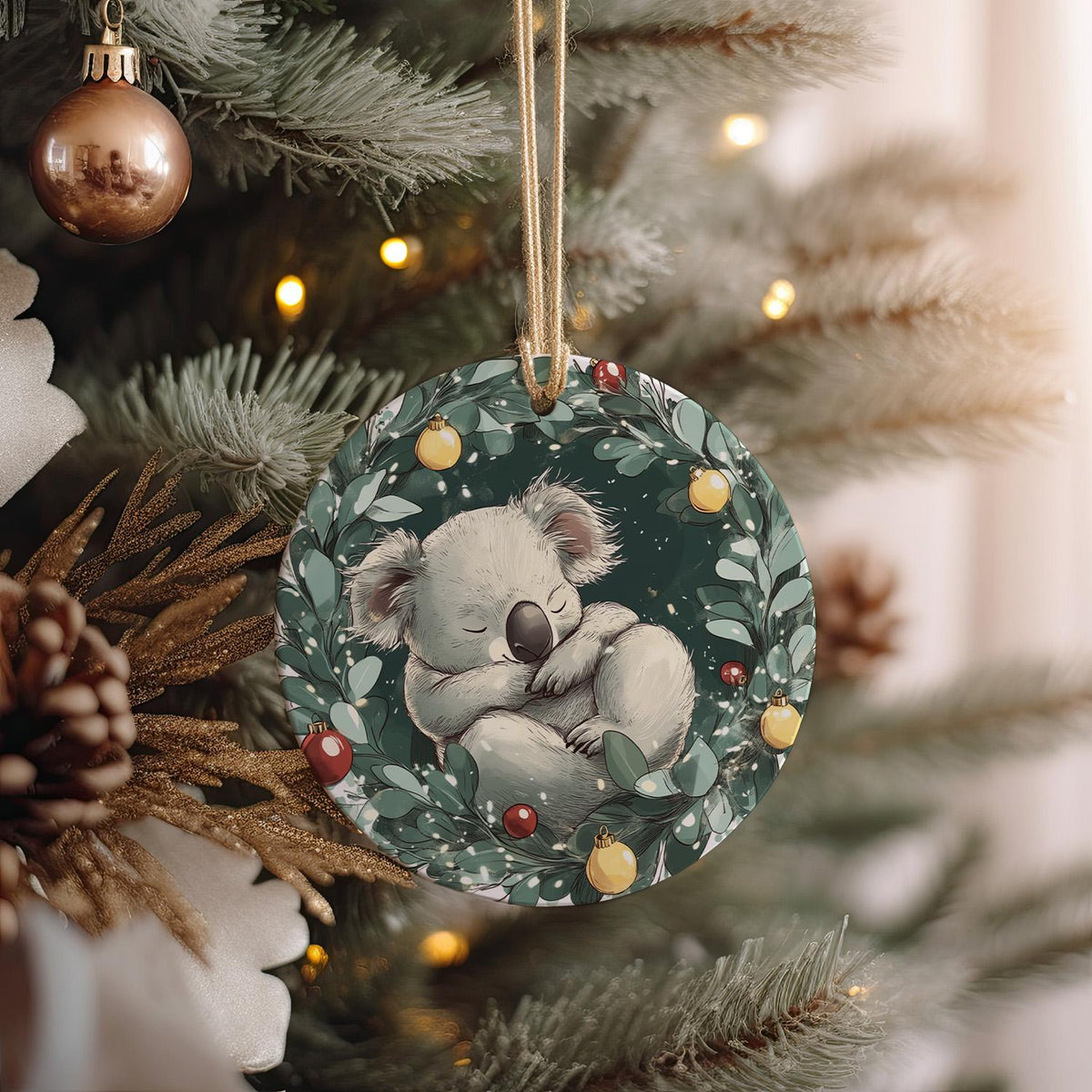 Koala Ceramic Ornament, Eucalyptus Wreath Design, Cute Doodle Decor, Sleeping Koala Gift, Holiday Home Accent — photo 1