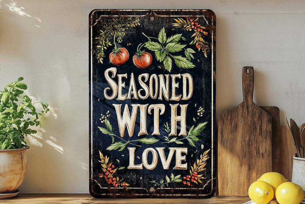 Rustic Kitchen Decor, Herbs and Spices Metal Sign, Seasoned with Love Wall Art, Vintage Kitchen Sign, Farmhouse Decor Essentials — photo 1