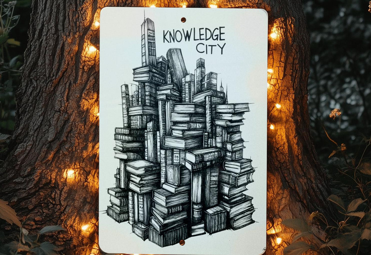 Monochrome Towers of Wisdom Metal Sign, Knowledge City Art, Stacked Books Wall Decor, Literary Home Decor, Black and White Art — photo 1