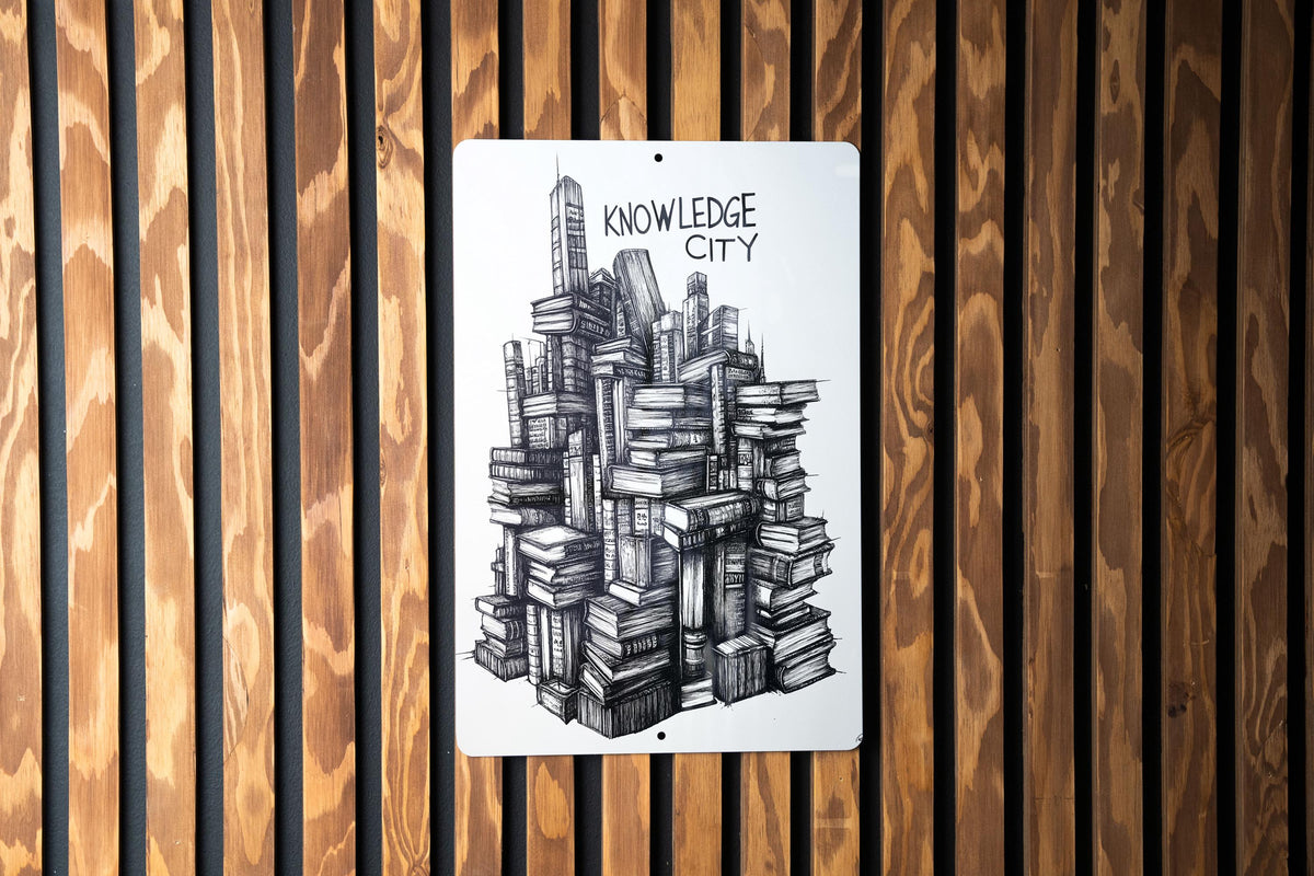 Monochrome Towers of Wisdom Metal Sign, Knowledge City Art, Stacked Books Wall Decor, Literary Home Decor, Black and White Art — photo 2